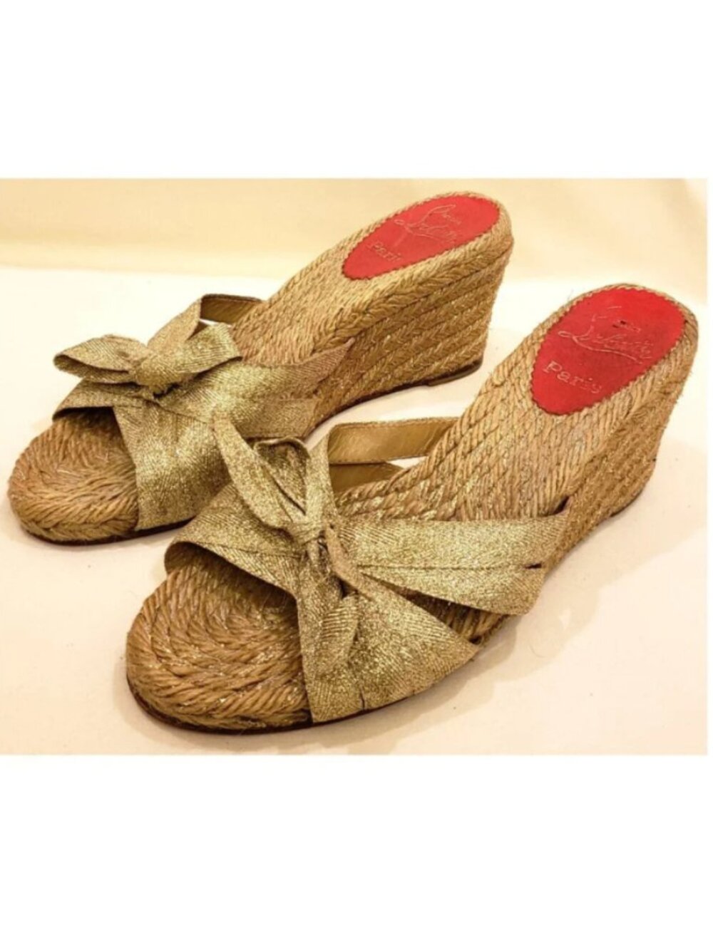 Christian Louboutin Open Toe Wedge Mules Size -EU 39/US ~9 Gold Metallic Raffia